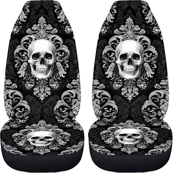 Skull Flower Car Seat Covers Front Seats Only Breathable Stretch Polyester Fabric Cover Easy to Install Car Accessories Universal Fit for Most Vehicle