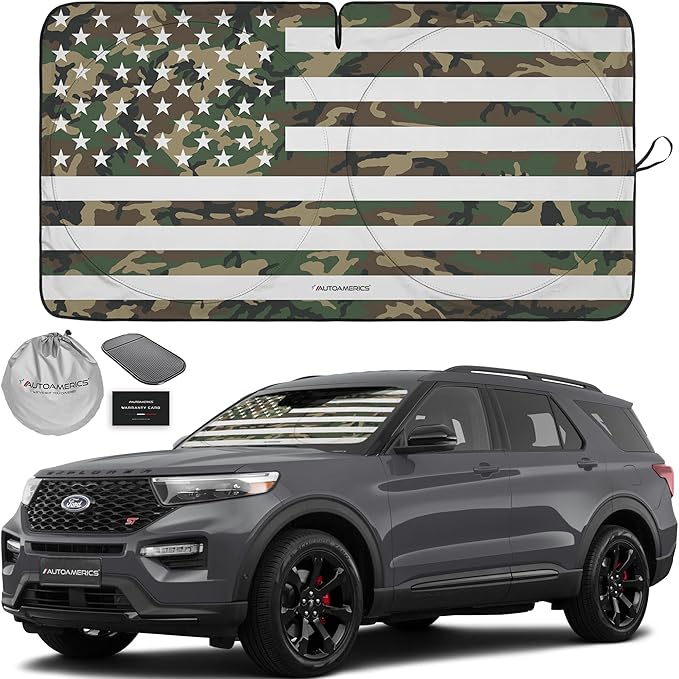 Autoamerics 1-Piece Windshield Sun Shade ERDL Camo American Flag USA Design - Foldable Car Front Window Sunshade for Most Sedans SUV Truck - Blocks Max UV Rays and Keeps Your Vehicle Cool - Medium