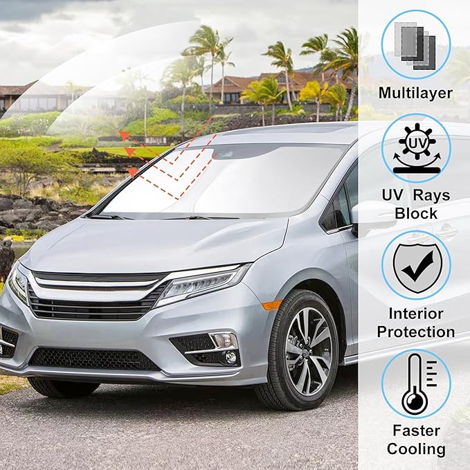 Windshield Sun Shade Custome Fit 2018-2024 2025 2026 Honda Odyssey Accessories LX,EX,EX-L,Touring,Elite Minivan Foldable Window Sunshade Protector Blocks Sun Rays & Heat