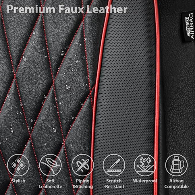 CAR PASS Piping Luxury PU Leather Two Front Car Seat Covers, Waterproof Anti Slip Seat Covers Compatible with Front Seat Armrests,Universal Fit for Suvs,Vans,Trucks,Airbag Compatible(Black and Red)
