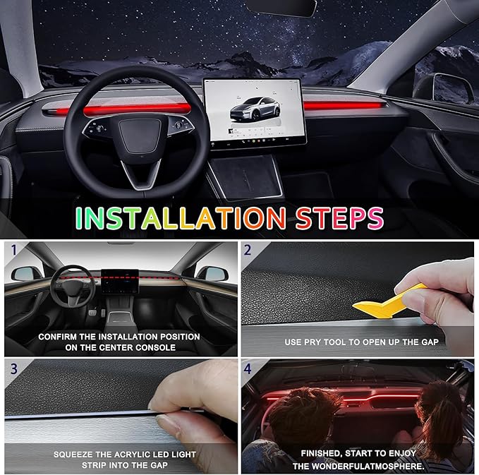 Acrylic Interior Car LED Strip Light with 6mm Sewing Edge - 43.3 inches Ambient Lighting Kits, Neon LED Strip Light(110CM/43.3IN, Red)