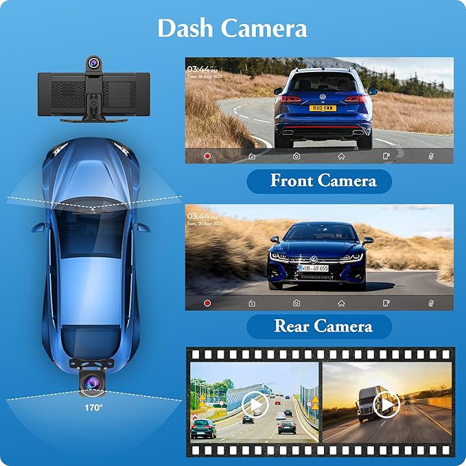 Carpuride W903 Wireless Carplay & Android Auto with Dash Cam - 9.3" HD IPS Touch Car Play Screen for Car, 4K Front & 1080P Rear Camera, Loop Recording, Bluetooth Audio, Mirror Link, GPS, Siri