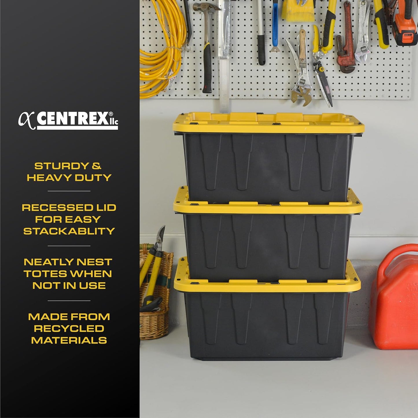 BLACK & YELLOW, 17-Gallon Heavy Duty Tough Storage Container & Snap-Tight Lid, (12.5"H x 18"W x 26.9"D), Weather-Resistant Design and Stackable Organization Tote [4 Pack]