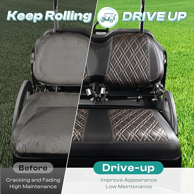 DRIVE UP Golf Cart Diamond Seat Covers Fit for Club Car Precedent, Black Diamond Cross Leather Club Car Seat Covers with Diamond Cross Pattern, Black with Brown Stitching, Wear-Resistant, Waterproof