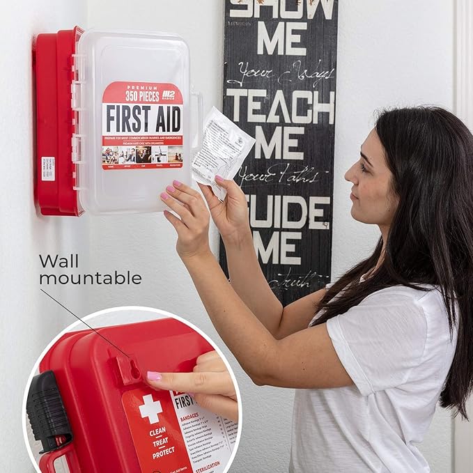 M2 BASICS 350 Piece First Aid Kit, Wall Mount Hard Case with Dual Layer Compartments for Workplace, Office, Warehouse, Home, Car
