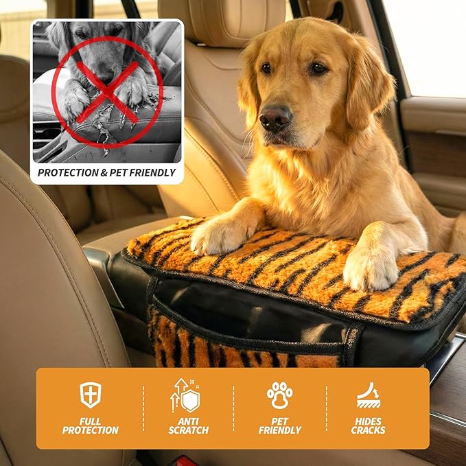 Plush Tiger Print Car Center Console Cover with Side Pockets, Fluffy Armrest Cushion Pad,Soft Car Interior Decorations Accessories with Storage for Women,Universal Fit for Vehicles SUV Truck