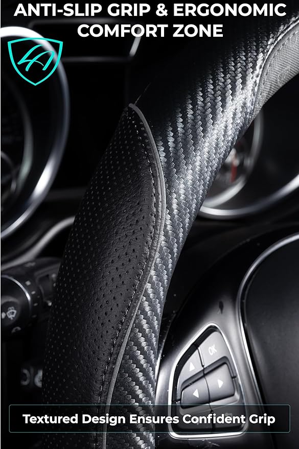 Lord Autofashion Steering Wheel Cover – PU Leather, Non-Slip Rubber Inner, All-Season Comfort – 14.5–15 Inch (Black/Grey 7685)