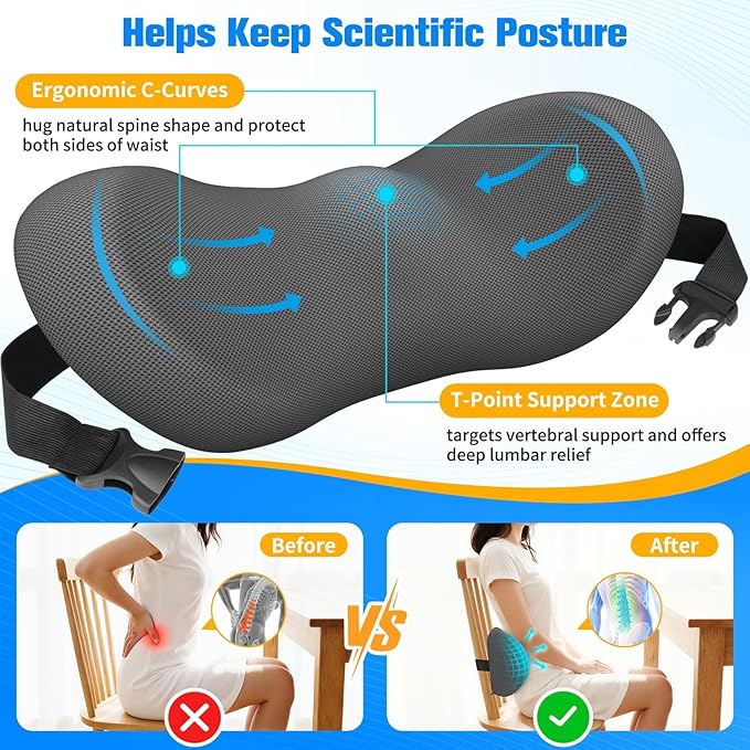 Lumbar Support Pillow for Office Chair - Memory Foam Lumbar Pillow with Detachable Strap & Breathable Cover, Ergonomic Back Support for Office Chair, Car, Bed Rest (Grey)