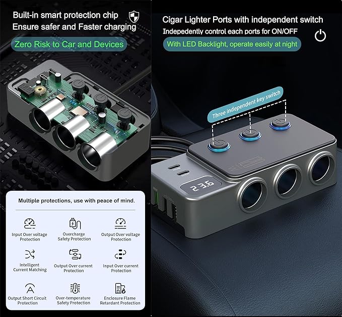 8 in 1 Cigarette Lighter Splitter, 3 Socket Car Charger Adapter, Type-C QC3.0 PD35W 5 USB C/A Fast Charging Port,12V/24V Input 120W Outlet with Built-in Protecter, Zero Risk to Car Battery & Devices