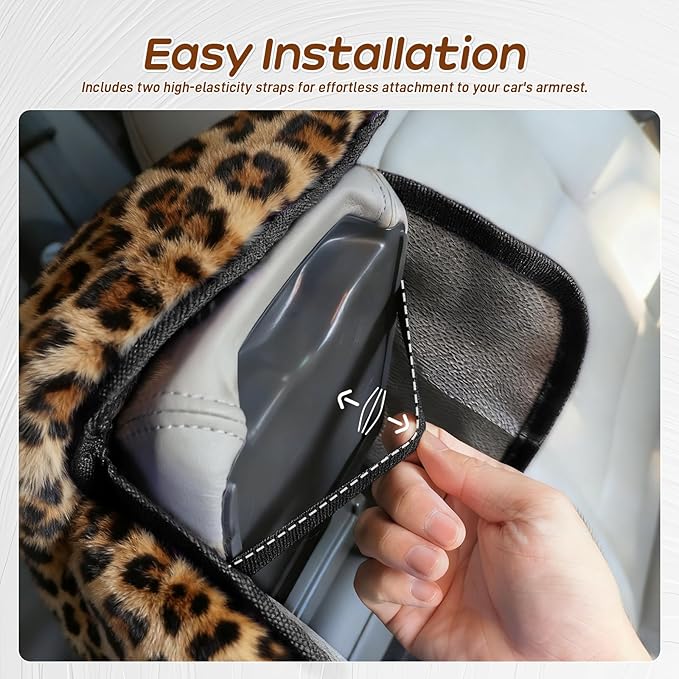 Fluffy Car Armrest Cover with Side Pockets – Plush Fuzzy Fur Center Console Armrest Cushion Pad, Universal Winter Car Interior Protector, Soft Arm Rest Cover with Storage for Women & Men (Leopard)