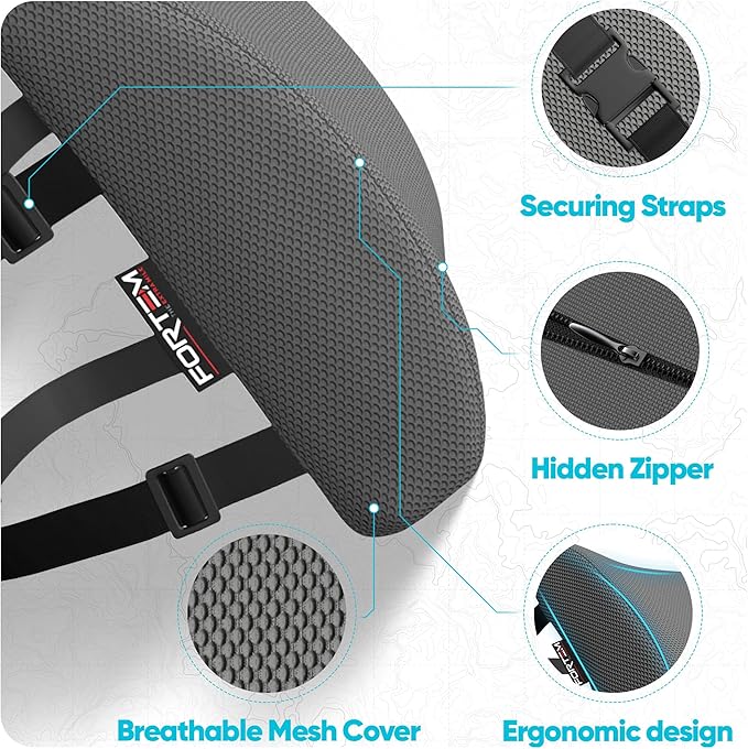 FORTEM Lumbar Support Pillow for Office Chair, Lumbar Support Pillow for Car, Back Rest for Gaming, Memory Foam Pillow, Desk Chair Cushion, Breathable & Washable Cover, Adjustable Straps