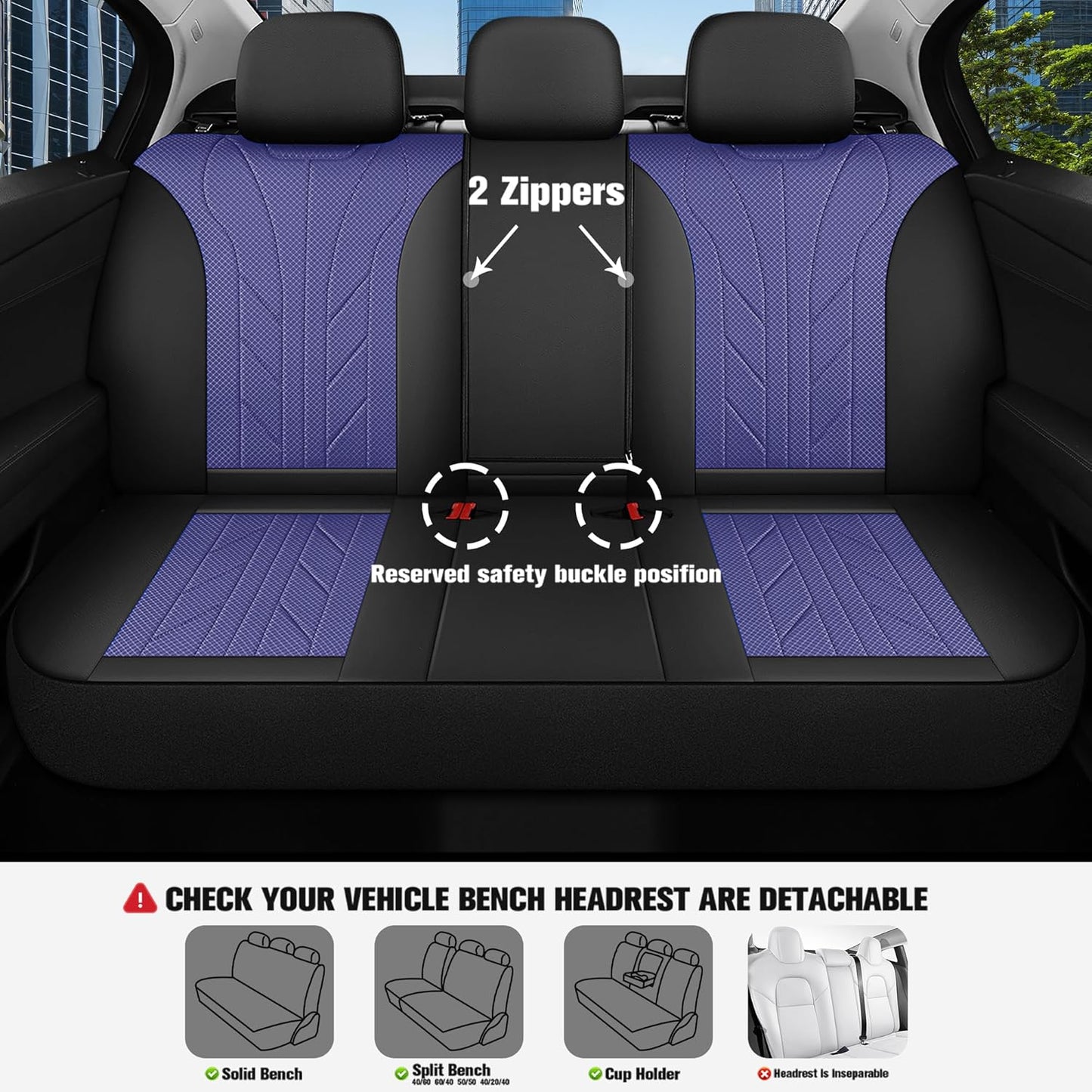 CAROMOP Luxury Faux Leather&Fabric Car Seat Covers Full Set with Breathable 3D Foam Back Support,Universal Comfortable Seat Covers for Cars,Trucks,SUVs, Front Armrests Compatible(5-Seat Black/Blue)