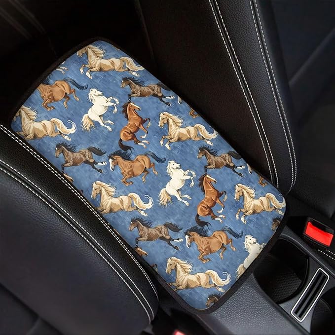 Vintage Horse Car Center Console Armrest Pad for Cars Dust-Proof Armrest Seat Storage Box Mat for Car Interior Decor Horse Cars Accessories, Easy to Install