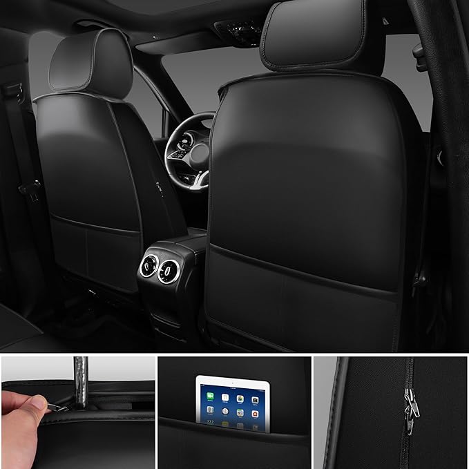 CAR PASS Nappa Leather Car Seat Covers Full Set, Luxury Seat Protector for Cars, Waterproof Anti-Slip Seat Cushion Armrest Compatible Airbag Universal for Sedan SUV Pick-up Truck Auto, Black Gray