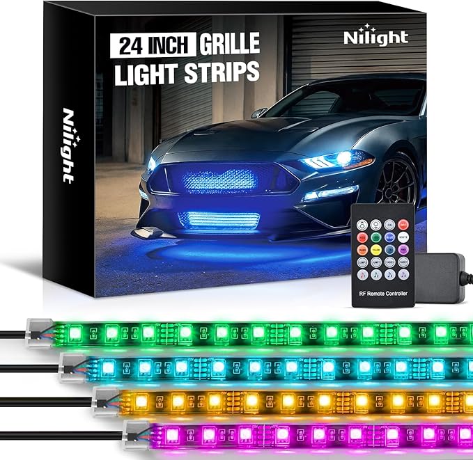 Nilight 4Pcs 24inch LED Grille Lights 144 LEDs RGB Multi Color Exterior Lighting Kit with Sound Active Function and Wireless Remote Control for Cars Van SUV Truck