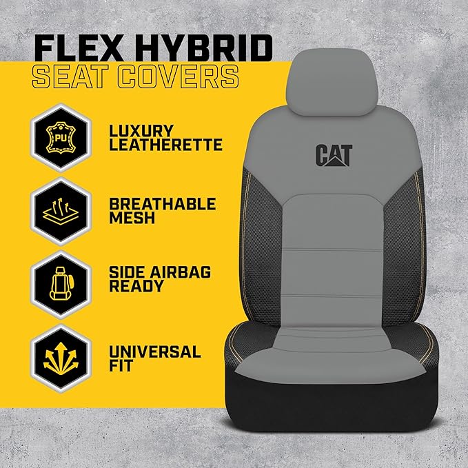 CAT PU Leather Seat Covers for Cars – (2) Front Seat Covers with (4) All-Weather Heavy-Duty Floor Mats for Trucks, Cars, & SUVs Combo Set – Car Interior Protection Liners for Car Seats and Floors