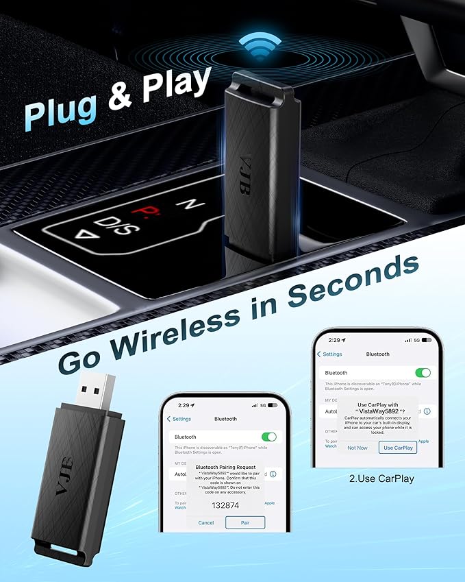 VJB Wireless CarPlay &Android Auto Adapter for iPhone & Android | Converts Wired to Wireless | Plug and Play Stable Connection Fast Auto-Connect (iOS 10+, Android 10+, 2016+ Cars)