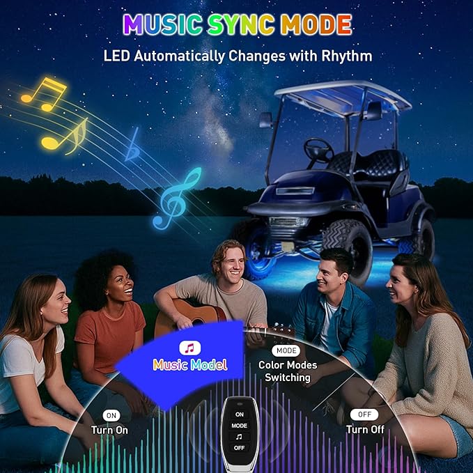 Golf Cart Underglow LED Light Strip Kit, 28 RGB Modes with Music Sync & Wireless Remote | 12-85V Wide Voltage, Fit Club Car, EZGO, Yamaha (2/4/6 PCS)