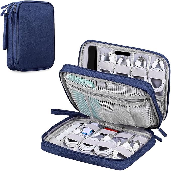DDgro Electronic Cable Organizer Bag, Large Travel Cord Storage Case for Charger, Power Bank, Cables & Tech Accessories (Large, Navy Blue)