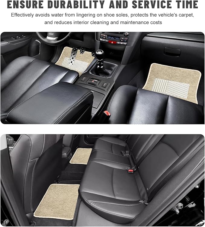 Sun Walker 4 PCS Car Floor Mats, Waterproof Anti-Slip Front & Rear Car Carpets with Driver Heel Pad, All Weather Floor Protective Pads Universal for SUVs Trucks Sedans Vans (Beige)