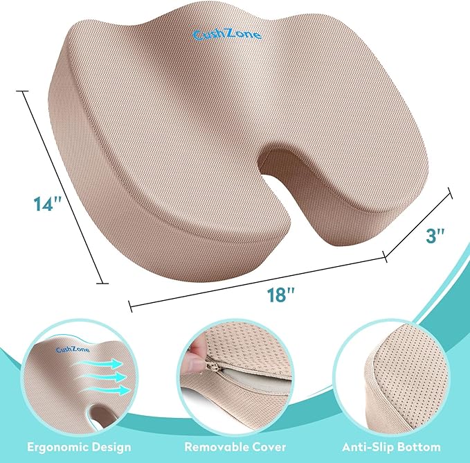 Office Chair Seat Cushion, Cooling Gel Enhanced Memory Foam Cushion for Long Sitting - Back, Sciatica, Coccyx, Tailbone Pain Relief Pillow - for Office, Gaming, Car, Wheelchair - Khaki, Large