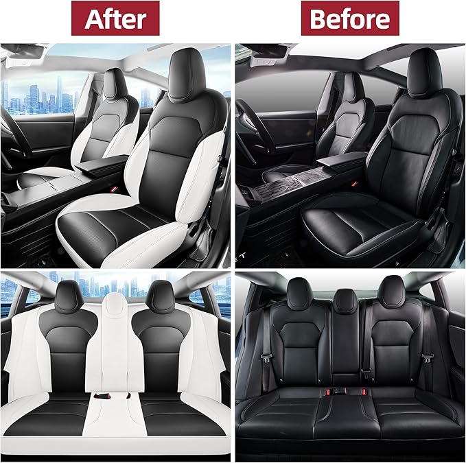 for Tesla Model 3 Seat Cover 2024 2025 Long Range (Not for Performance) Waterproof Nappa Leather Seat Cover Full Set for Tesla Model 3 (T3-Black+White 24-25)