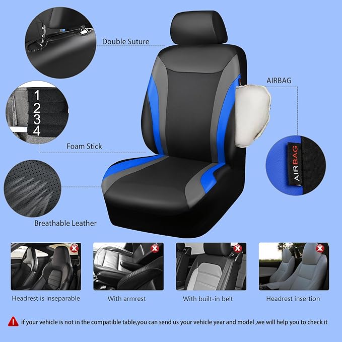 CAR PASS Leather Car Seat Covers Full Set with Waterproof Car Floor Mats,Airbag Compatible,Automotive Interior Covers for Cars,Sedans,Trucks,Vans,SUV with Car Carpet Mats(Black and Blue)