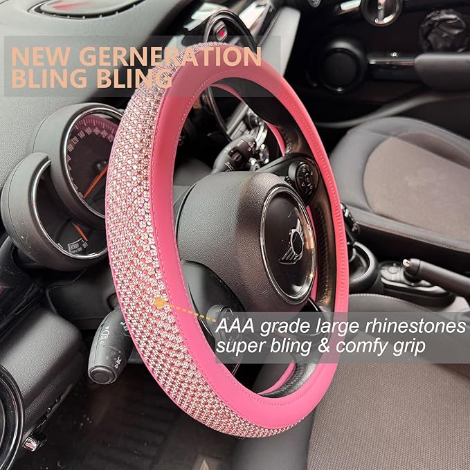 PINCTROT Large Size Bling Comfy Steering Wheel Cover with Jumbo Crystal Rhinestones, Anti-Slip Diamond Leather, 15.5-15.75 Inch (All Pink)