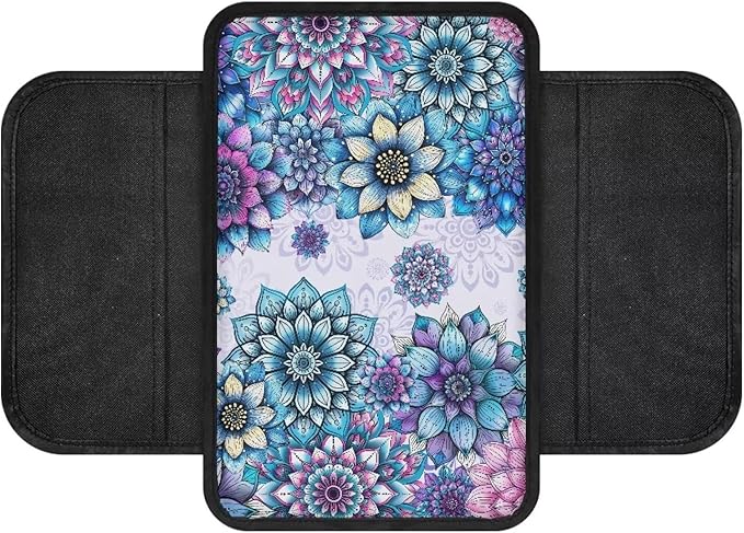 Vibrant Boho Mandala Floral Pattern Car Armrest Cover Soft Vehicle Box Cover Protector Scratch-Resistant Auto Center Console Pad Universal Fit for Most Cars Sedan Truck SUV