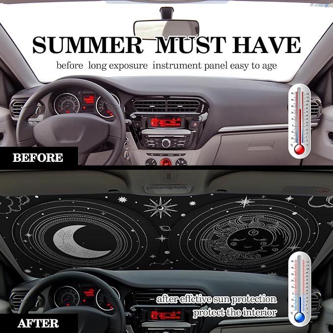 Windshield Sun Shade Foldable Car Front Window Covers for Car Accessories Sun Heat UV Rays Visor Protector Protection for Universal Cars SUV Truck (Sun Moon)
