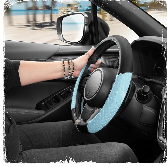BDK C&C California Car Steering Wheel Cover Blue Diamond Quilt, Non Slip Leather Steering Wheel Cover for Women Men, Cute Comfortable Soft Easy Installation Universal Fit (Fits 14.5"-15.5" Inches)