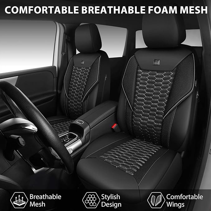 CAR PASS 3D Foam Mesh Leather Car Seat Covers Front Seats, Air Cool Mesh Front Seat Covers for Car, Universal Fit for SUV Truck Sedan Automotive, Armrest Airbag Compatible, Black and Gray