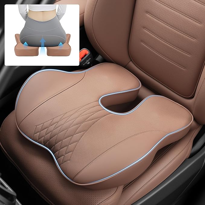 Leather Adult Booster Car Seat Cushion, Effectively Increase Height by 3.96 inch, Dense Memory Foam for Hip Tailbone Coccyx Sciatica Seat Cushion Donut Pillow Seat Cushion for Hemorrhoid (Brown)