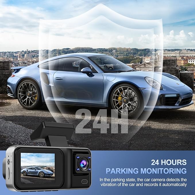 4K 3 Channel Dash Cam with 64GB Card, 4K+1080P+1440P Dash Cam Front and Rear Inside, Dash Camera for Cars with Motion Detection, 24H Parking Mode, Super Night Vision, Loop Recording