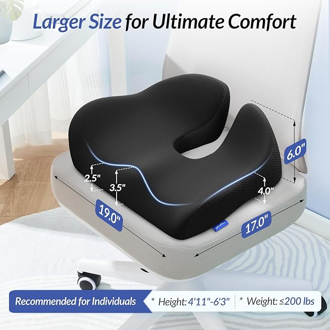 ZIKEE Thickened Seat Cushion, Ergonomic Memory Foam Hemorrhoid Pillow for Hip, Sciatica, Long Sitting Relief, 6.0" Thick Office Chair Cushion with Widened Cutout for Tailbone Pain Relief in Car, Home