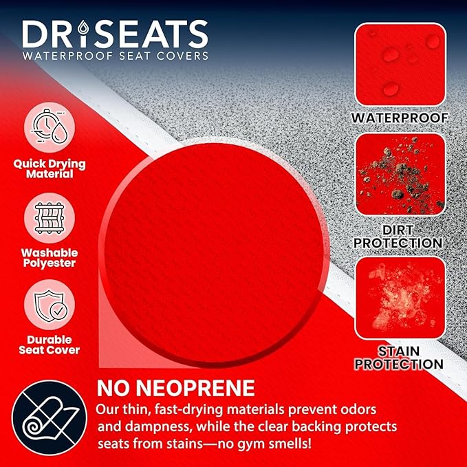 Dri Seats Waterproof Car Seat Cover – Premium Sweat Towel with Slip Resistant Backing for Front Seats in Cars, Trucks, SUVs – Universal Seat Covers & Liner, Easy Install (Red, Large)