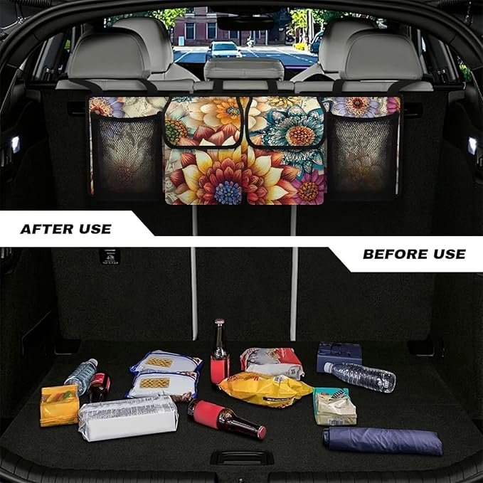 Mexican Dahlias Backseat Trunk Organizer for Car Mandala Flowers Trunk Storage Bag with Extra Storage Space for SUVs,Trucks,Vans