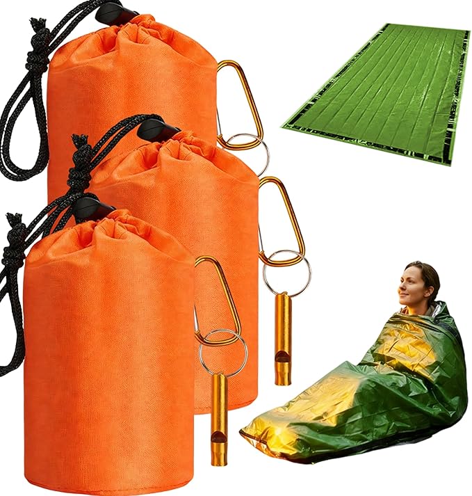 2026 New Blanket, Emergency Sleeping Bag for Survival, Blanket with Emergency Whistle Waterproof, Compact Lightweight, Emergency Mat for Survival Kit Car Camping Gear Hiking Go (Green*3)