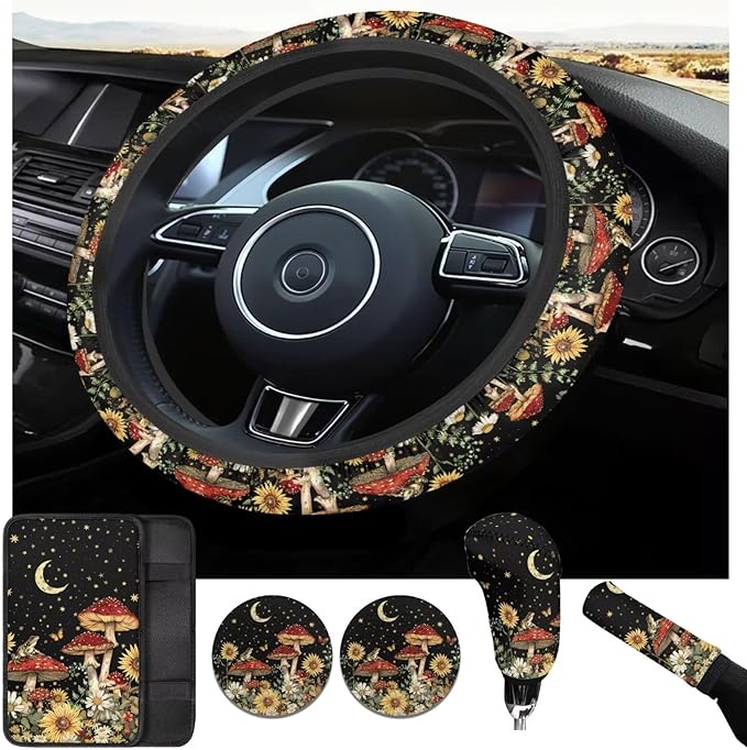 Sky Mushroom Picture 6pcs Car Steering Wheel Cover Set for Men Women Auto Interior Accessories Cup Coaster Cars Handbrake Cover Universal Fit Truck Van SUV