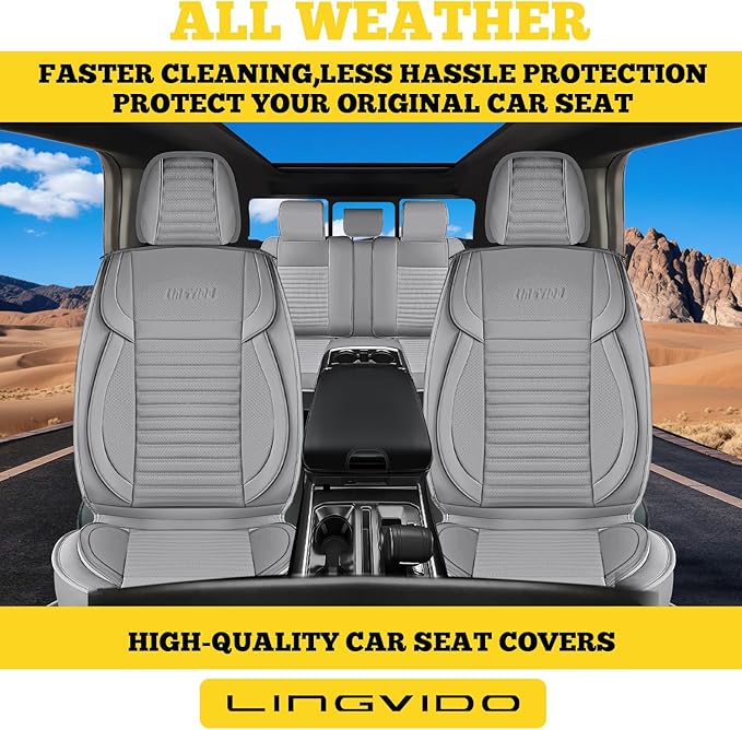 LINGVIDO Front Car Seat Covers, Faux Nappa Leather, Airbag Compatible and Waterproof Protectors for Sedans SUVs, Breathable Anti-Slip Interior for Commuters and Rideshare, Gray