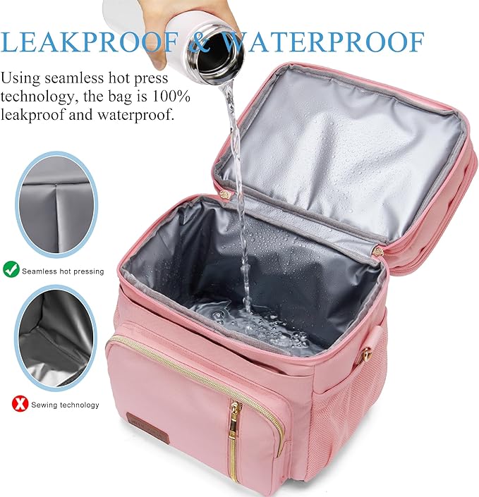MIYCOO Lunch Bag & Lunch Box for Women Men Double Deck - Leakproof Insulated Soft Large Adult Lunch Cooler Bag for Work, Beach, Picnic, Camping, Travel (Pink,15L)