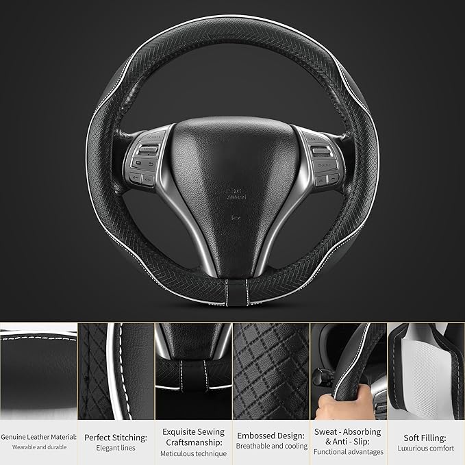 Leather Car Steering Wheel Cover,Anti-Slip, Safety,Soft,Breathable,Heavy Duty,Thick,Full Surround, Sports Style,Universal Car Accessories for Women Men Fit 14" 1/2-15"(Black with White line)