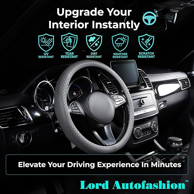Lord Autofashion Steering Wheel Cover – PU Leather, Non-Slip Rubber Inner, All-Season Comfort – 14.5–15 Inch (Grey 9283)