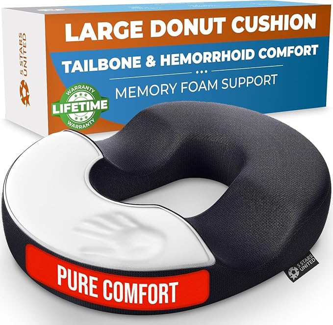 5 STARS UNITED Donut Pillow Hemorrhoid Tailbone Cushion – Large Floor Cushion for Pain Relief – Coccyx, Prostate, Sciatica, Pelvic Floor, Pressure Sores, Pregnancy, Postpartum Recovery, Black