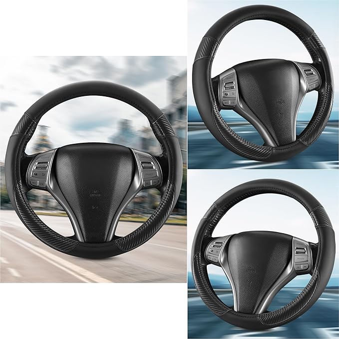 Non-Slip Car Nappa Leather Steering Wheel Cover,Universal Car Accessories Women Men Fit 14" 1/2-15" Suvs/Vans/Sedans/Cars/Trucks,Black