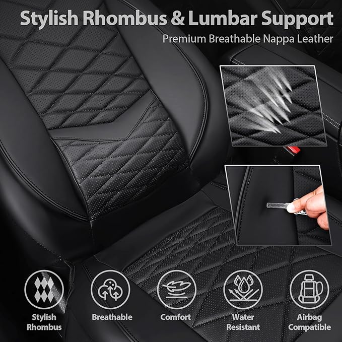 CAR PASS Luxury Nappa Leather Seat Covers Full Set, Water Resistant Faux Leather Seat Covers with Lumbar Support, Comfortable Automotive Seat Covers Universal Fit for SUV Sedan Van Truck, Solid Black