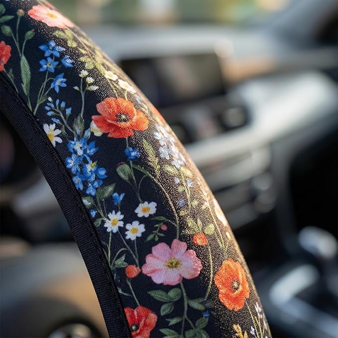 Wildflower Car Steering Wheel Cover - Multicolor Wildflower Steering Wheel Cover Anti-Slip Breathable Universal for 15 Inch Car 2 Pieces Coasters Suitable for Men Women