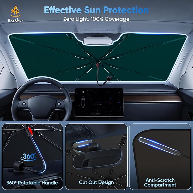 EcoNour Premium Umbrella Windshield Sun Shade for Car | Foldable UV Blocker Front Windshield Sunshade | Umbrella Shade Accessories with Storage Pouch | Fit for Sedan & Hatchbacks - Small 52"x31"