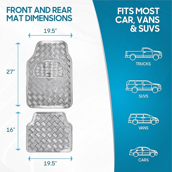 BDK Metallic Chrome Car Floor Mats All-Weather Universal Fit Automotive Floor Mats for Cars SUVs, Floor Mats for Trucks, Car Mats Full Set Front & Rear, Non-Slip Backing - Silver