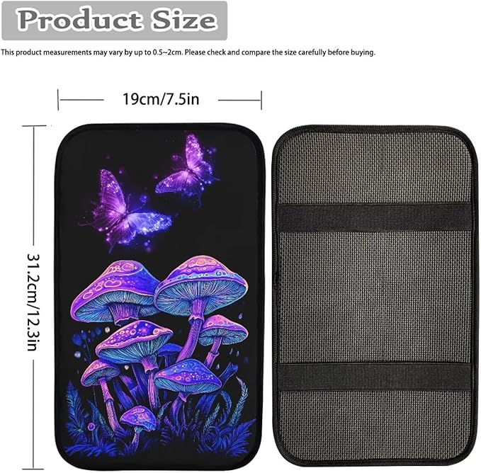 UNICEU Hippie Butterfly Mushroom Car Armrest Cushion Pad Mushroom Car Accessory for Women Men,Comfortable Armrest Seat Box Cover Protector Fit Most Cars Vehicles SUVs